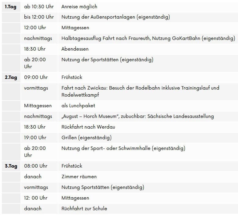 Beispielprogramm der Aktiv und Rasant Klassenfahrt in Werdau