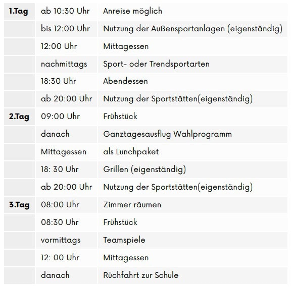 Beispielprogramm der Sport Klassenfahrt in Werdau