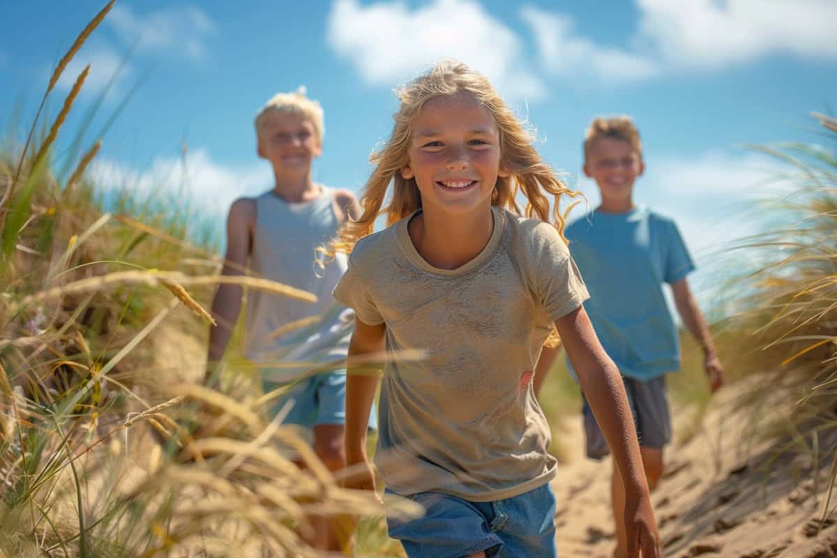 Kinder rennen durch die Düne in Mecklenburg-Vorpommern