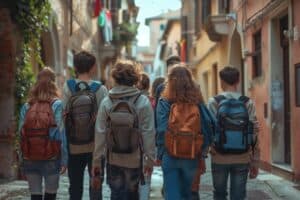 Eine Schulklasse erkundet die Altstadt einer italienischen Stadt auf der Klassenfahrt