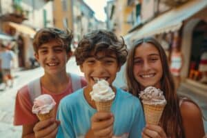 Kinder essen ein Eis auf der Klassenfahrt nach Italien