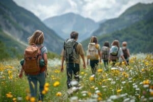 Schulklassen wandern durch die schöne Naturlandschaft auf der Klassenfahrt in Österreich