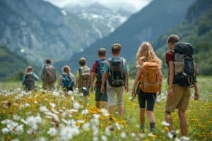 Klassenfahrt nach Schweiz Kinder wandern durch die Natur ki mid