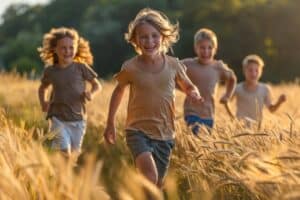 Kinder laufen auf der Klassenfahrt Mecklenburg Vorpommern durch ein Feld