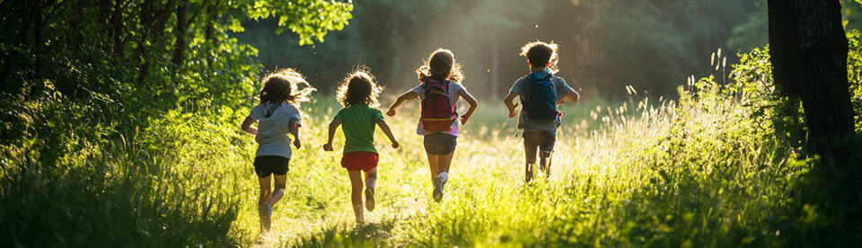 Kinder haben Spaß auf der Outdoor Klassenfahrt und erleben jede Menge Abenteuer im Wald