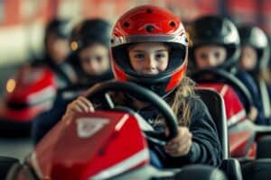 Schüler haben Spaß auf der Klassenfahrt und fahren gemeinsam Go Kart