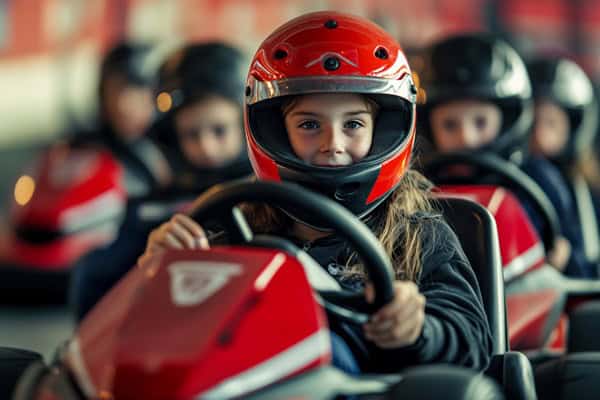 Schüler haben Spaß auf der Klassenfahrt und fahren gemeinsam Go Kart